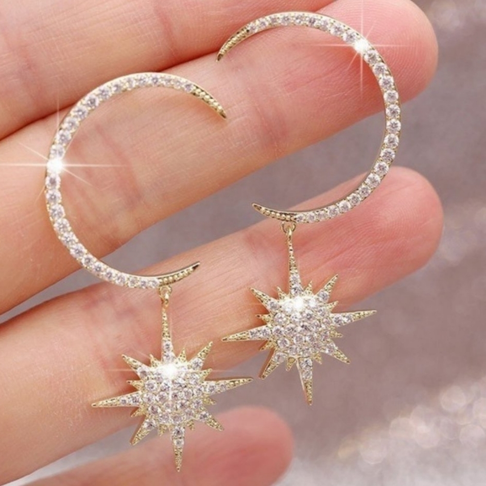 NEW Yellow Gold Diamond Moon Star Drop Earrings